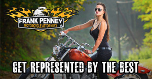 Young female on a motorcycle. Get represented by California motorcycle attorney Frank D Penney